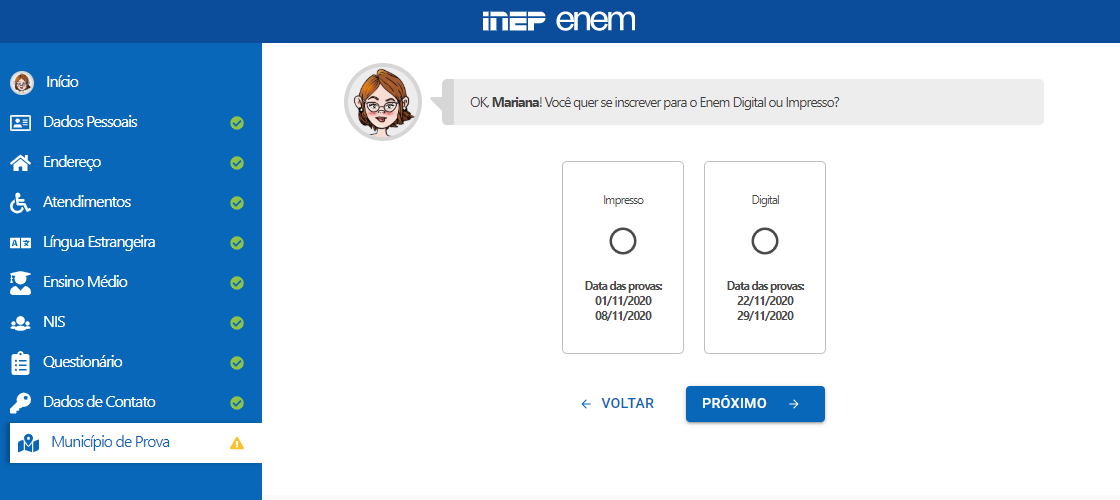 inscrição Enem: passo 19 escolha da modalidade impressa ou digital