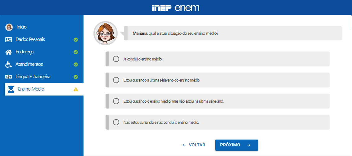 inscrição Enem: passo 15 situação do ensino médio