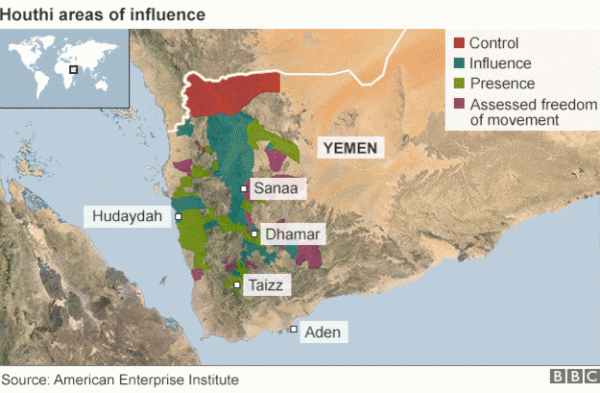 Mapa das áreas de controle, influência e presença dos houthis no Iêmen