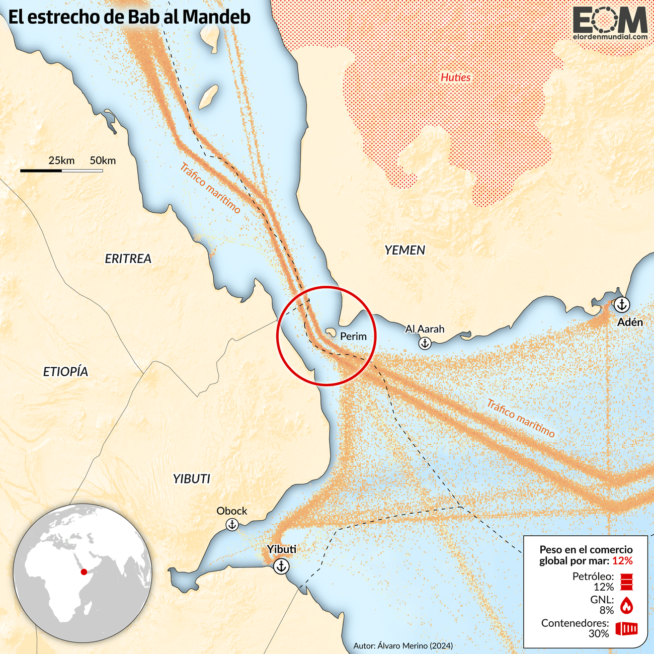 Mapa do Estreito de Bab al-Mandeb com o tráfego marítimo e a zona de controle houthi destacada