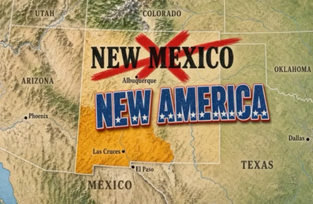 Mapa do estado do Novo México com o nome riscado e substituído por 'New America'