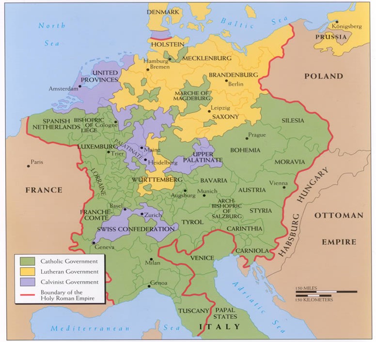 http://www.zum.de/whkmla/histatlas/germany/empire1530.gif Veja no mapa acima como o Sacro Império abrangia áreas que hoje constituem a Alemanha,Áustria, norte da Itália, República Tcheca, Eslováquia e Hungria. E como era difícil para Carlos V manter autoridade sobre todos esses reinos.