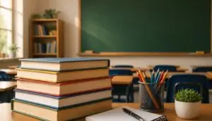 livros empilhados em uma sala de aula