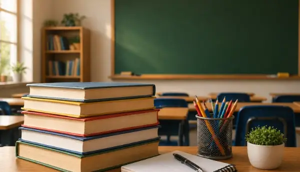 livros empilhados em uma sala de aula